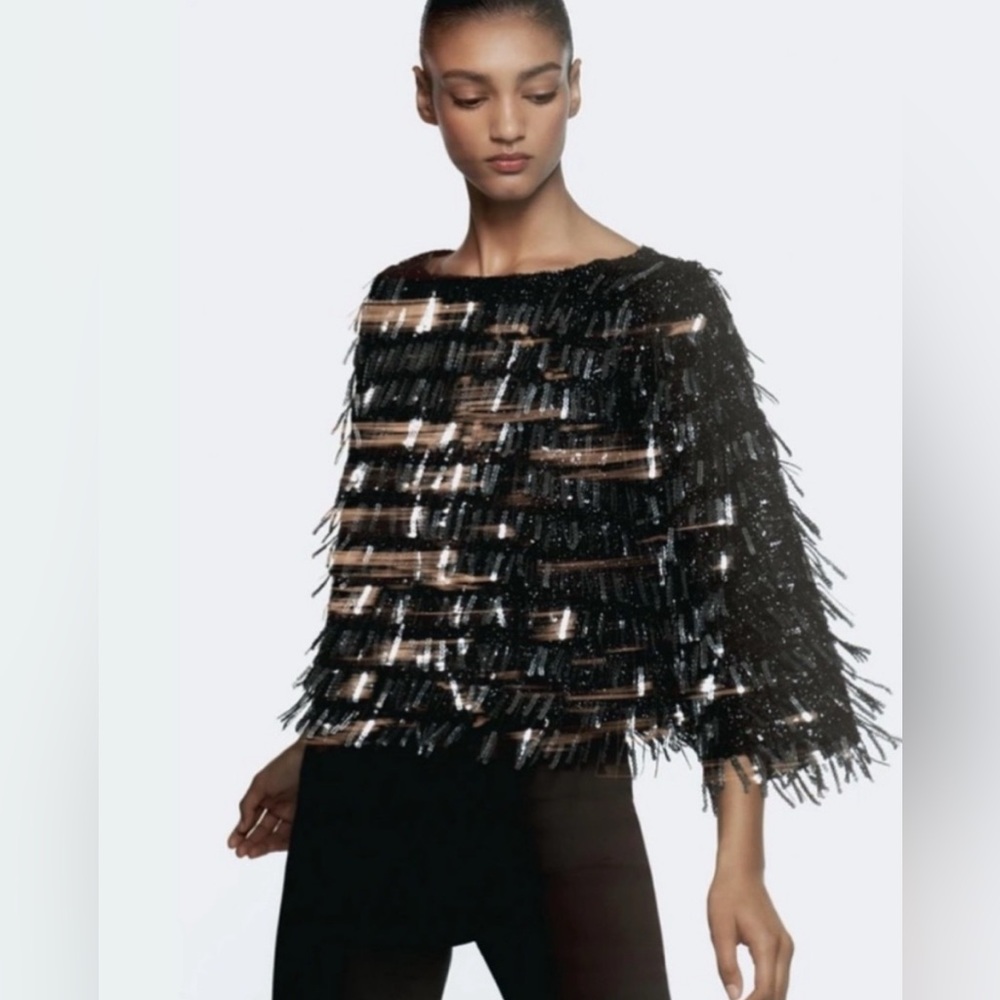 Zara Festive Days Black Sequin Fringe Cropped Top Boat Neck Metallic M NEW